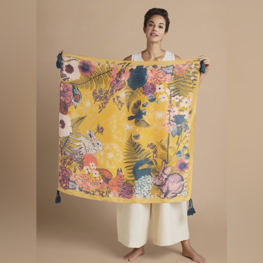 Powder Summer Woodland Silk Scarf Bloom Forest Animal Tassels Wrap Shawl